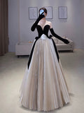 Tineit Pretty Ball Gown Strapless Tulle Layers Long Champagne Ruffles Prom Dresses Sweet  Dresses With Gloves (PRE-ORDER)