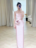 Tineit Simple A-line Spaghetti Straps Satin Pink Long Evening Dress Prom Dress (PRE-ORDER)