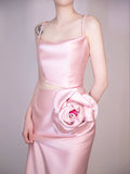 Tineit Simple A-line Spaghetti Straps Satin Pink Long Evening Dress Prom Dress (PRE-ORDER)