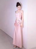 Tineit Simple A-line Spaghetti Straps Satin Pink Long Evening Dress Prom Dress (PRE-ORDER)