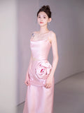 Tineit Simple A-line Spaghetti Straps Satin Pink Long Evening Dress Prom Dress (PRE-ORDER)