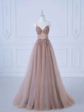 Tineit Elegant A-Line Spaghetti Straps Tulle Long Prom Dress Evening Dress (PRE-ORDER)