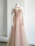 Tineit Elegant A-Line Jewel Neckline Tulle Long Prom Dress Evening Dress (PRE-ORDER)