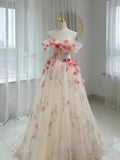 Tineit Elegant A-Line Off The Shoulder Flowers Tulle Long Prom Dress Evening Dress (PRE-ORDER)