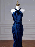 Tineit Sexy Mermaid High Neckline Navy Blue Satin Evening Dress Long Prom Dresses Party Dress With Ruffles (PRE-ORDER)