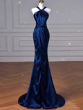 Tineit Sexy Mermaid High Neckline Navy Blue Satin Evening Dress Long Prom Dresses Party Dress With Ruffles (PRE-ORDER)