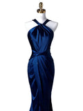 Tineit Sexy Mermaid High Neckline Navy Blue Satin Evening Dress Long Prom Dresses Party Dress With Ruffles (PRE-ORDER)