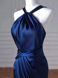 Tineit Sexy Mermaid High Neckline Navy Blue Satin Evening Dress Long Prom Dresses Party Dress With Ruffles (PRE-ORDER)