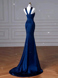 Tineit Sexy Mermaid High Neckline Navy Blue Satin Evening Dress Long Prom Dresses Party Dress With Ruffles (PRE-ORDER)