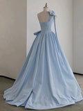 Tineit Elegant Ball Gown One Shoulder Light Sky Blue Satin Flowers Long Prom Dress Evening Dress (PRE-ORDER)