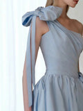 Tineit Elegant Ball Gown One Shoulder Light Sky Blue Satin Flowers Long Prom Dress Evening Dress (PRE-ORDER)