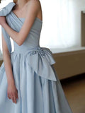 Tineit Elegant Ball Gown One Shoulder Light Sky Blue Satin Flowers Long Prom Dress Evening Dress (PRE-ORDER)