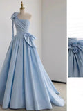 Tineit Elegant Ball Gown One Shoulder Light Sky Blue Satin Flowers Long Prom Dress Evening Dress (PRE-ORDER)