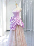 Tineit Elegant A line Off The Shoulder Pink Satin Ruffles Long Prom Dress Evening Dress (PRE-ORDER)