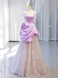 Tineit Elegant A line Off The Shoulder Pink Satin Ruffles Long Prom Dress Evening Dress (PRE-ORDER)