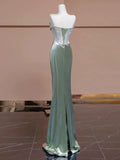 Tineit Sexy Mermaid Strapless Green Satin Evening Dress Long Prom Dresses Party Dress With Ruffles (PRE-ORDER)