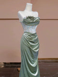 Tineit Sexy Mermaid Strapless Green Satin Evening Dress Long Prom Dresses Party Dress With Ruffles (PRE-ORDER)