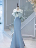 Tineit Elegant Mermaid One Shoulder Light Sky Blue Satin Bow Long Prom Dress Evening Dress (PRE-ORDER)