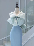 Tineit Elegant Mermaid One Shoulder Light Sky Blue Satin Bow Long Prom Dress Evening Dress (PRE-ORDER)