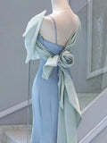 Tineit Elegant Mermaid One Shoulder Light Sky Blue Satin Bow Long Prom Dress Evening Dress (PRE-ORDER)