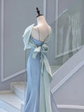 Tineit Elegant Mermaid One Shoulder Light Sky Blue Satin Bow Long Prom Dress Evening Dress (PRE-ORDER)