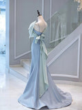 Tineit Elegant Mermaid One Shoulder Light Sky Blue Satin Bow Long Prom Dress Evening Dress (PRE-ORDER)