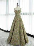 Tineit Elegant A line Spaghetti Straps Green Satin Floral Ruffles Long Prom Dress Evening Dress (PRE-ORDER)