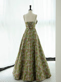 Tineit Elegant A line Spaghetti Straps Green Satin Floral Ruffles Long Prom Dress Evening Dress (PRE-ORDER)