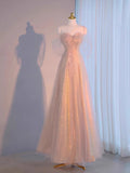 Tineit Elegant A Line Spaghetti Straps Pink Sequin Long Prom Dress Evening Dresses C(PRE-ORDER)