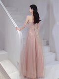 Tineit Elegant A Line Spaghetti Straps Pink Sequin Long Prom Dress Evening Dresses C(PRE-ORDER)