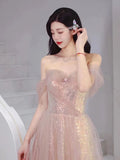 Tineit Elegant A Line Spaghetti Straps Pink Sequin Long Prom Dress Evening Dresses C(PRE-ORDER)