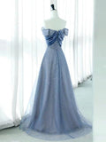 Tineit Elegant A Line Off The Shoulder Blue Sequin Long Prom Dress Evening Dresses (PRE-ORDER)