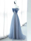 Tineit Elegant A Line Off The Shoulder Blue Sequin Long Prom Dress Evening Dresses (PRE-ORDER)