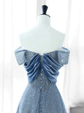 Tineit Elegant A Line Off The Shoulder Blue Sequin Long Prom Dress Evening Dresses (PRE-ORDER)