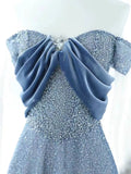 Tineit Elegant A Line Off The Shoulder Blue Sequin Long Prom Dress Evening Dresses (PRE-ORDER)