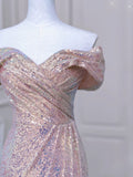 Tineit Elegant Mermaid Off The Shoulder Pink Sequin Long Prom Dress Evening Dresses (PRE-ORDER)