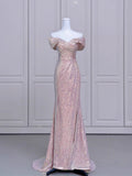 Tineit Elegant Mermaid Off The Shoulder Pink Sequin Long Prom Dress Evening Dresses (PRE-ORDER)