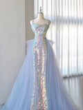 Tineit Elegant Mermaid Square Neckline Blue Sequin Long Prom Dress Evening Dresses (PRE-ORDER)