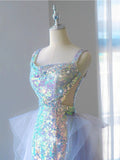 Tineit Elegant Mermaid Square Neckline Blue Sequin Long Prom Dress Evening Dresses (PRE-ORDER)