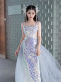 Tineit Elegant Mermaid Square Neckline Blue Sequin Long Prom Dress Evening Dresses (PRE-ORDER)