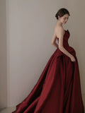 Tineit Elegant Ball Gown Strapless Burgundy Satin Long Prom Dress Evening Dresses (PRE-ORDER)