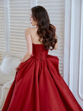 Tineit Elegant Ball Gown Strapless Burgundy Satin Long Prom Dress Evening Dresses (PRE-ORDER)