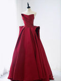 Tineit Elegant Ball Gown Strapless Burgundy Satin Long Prom Dress Evening Dresses (PRE-ORDER)