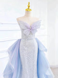 Tineit Elegant Mermaid Strapless Neckline Blue Sequin Long Prom Dress Evening Dresses (PRE-ORDER)