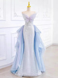 Tineit Elegant Mermaid Strapless Neckline Blue Sequin Long Prom Dress Evening Dresses (PRE-ORDER)