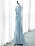 Tineit Elegant Mermaid V Neckline Blue Backless Pearls Long Prom Dress Evening Dresses (PRE-ORDER)