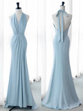 Tineit Elegant Mermaid V Neckline Blue Backless Pearls Long Prom Dress Evening Dresses (PRE-ORDER)