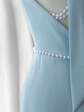 Tineit Elegant Mermaid V Neckline Blue Backless Pearls Long Prom Dress Evening Dresses (PRE-ORDER)