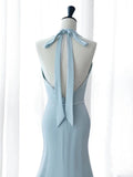 Tineit Elegant Mermaid V Neckline Blue Backless Pearls Long Prom Dress Evening Dresses (PRE-ORDER)