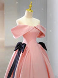 Tineit Elegant Ball Gown Off The Shoulder Pink Satin Long Prom Dress Evening Dresses (PRE-ORDER)